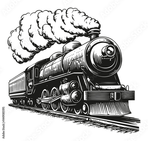 Vintage Engraving of a Classic Steam Locomotive with Smoke