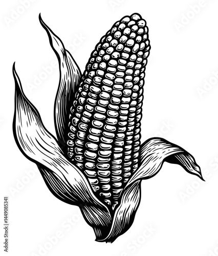 Detailed Black and White Illustration of an Ear of Corn