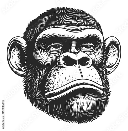 Detailed Engraving of a Gorilla Head in Classic Black and White Style