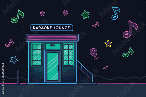 Create a vibrant vector illustration for a Karaoke Lounge Night flyer, featuring abstract shapes and dynamic lighting, conveying energy and fun.