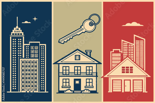 Design a sleek vector poster advertising luxury real estate.  Include modern architecture, cityscape, and a feeling of upscale living.
