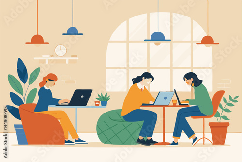 Create a vibrant vector illustration of a modern, open-plan coworking space showcasing collaborative work.  Include diverse people working on laptops, desks, and in meeting areas.