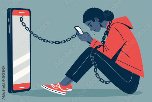 Create a vector illustration of a person bound by chains to a heavy, dark object, symbolizing oppression or addiction.  Focus on the feeling of confinement and despair.
