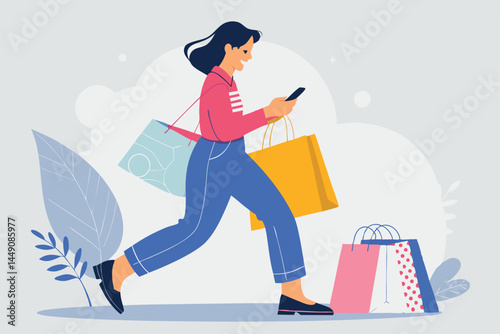 Create a vibrant vector illustration of a happy woman comfortably shopping online from her laptop at home, showcasing diverse products in her online shopping cart.
