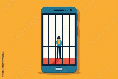 Design a vector graphic showing a person trapped inside a smartphone cage, symbolizing digital addiction.  Focus on minimalist design and impactful symbolism.