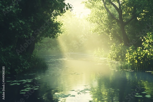 Beautiful autumn landscape with river and colorful trees in foggy morning