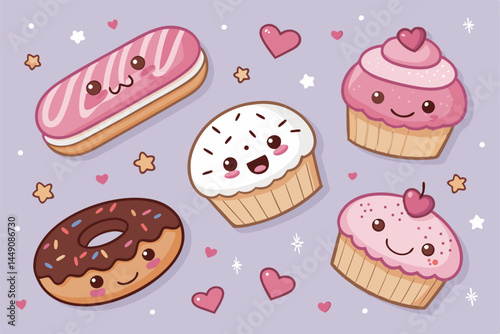 Create a seamless vector pattern featuring adorable, cartoonish bakery items such as donuts, croissants, and cupcakes in various pastel colors.