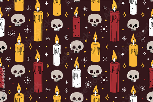 Create a seamless vector pattern featuring melting candles with dripping wax, showcasing a variety of candle colors and dripping styles.  Aim for a sophisticated, slightly spooky aesthetic.