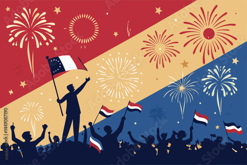 Design a vibrant vector poster celebrating a national holiday, featuring festive elements and patriotic colors.  Include space for text.