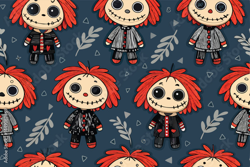 Design a vector seamless pattern featuring creepy, stitched dolls with haunted expressions; incorporate vintage horror aesthetics.
