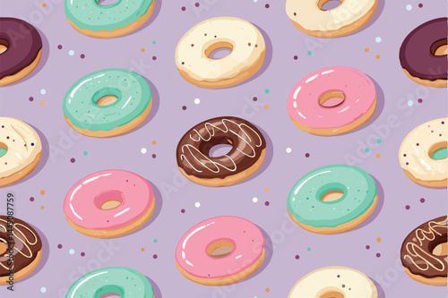 Create a vibrant vector seamless pattern featuring assorted glazed donuts in various colors and sprinkles.  Include realistic textures and appealing design.