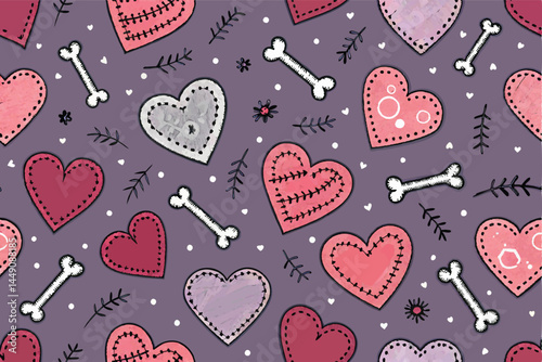 Create a vector seamless pattern featuring intricately stitched, patched-up hearts, showcasing a vintage, handcrafted aesthetic. Include variations in heart sizes and stitching styles.