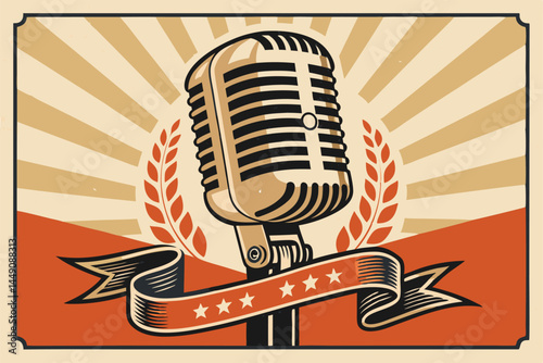 Create a vector illustration of a vintage karaoke poster in a retro style, featuring a microphone as the central element.  The design should evoke 1950s or 60s aesthetics.