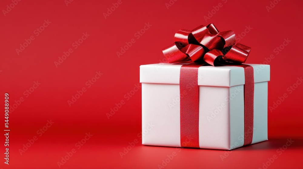 White gift box with red ribbon and bow on red background White gift box with red ribbon and bow on red background