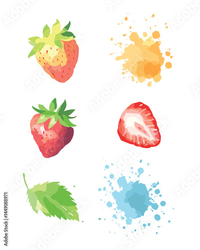 Strawberry Watercolor Set Fresh Fruit and Splashes