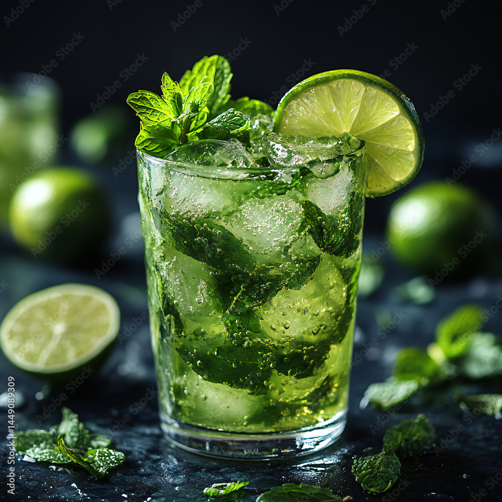 Classic mojito cocktail with lime slices and fresh mint Classic mojito cocktail with lime slices and fresh mint