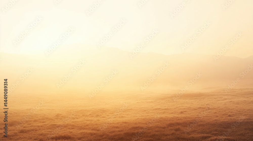 Obraz premium A serene landscape bathed in soft golden light, showcasing a vast expanse of mist-covered grasslands fading into distant hills. The atmosphere conveys a sense of tranquility and an ethereal quality, c