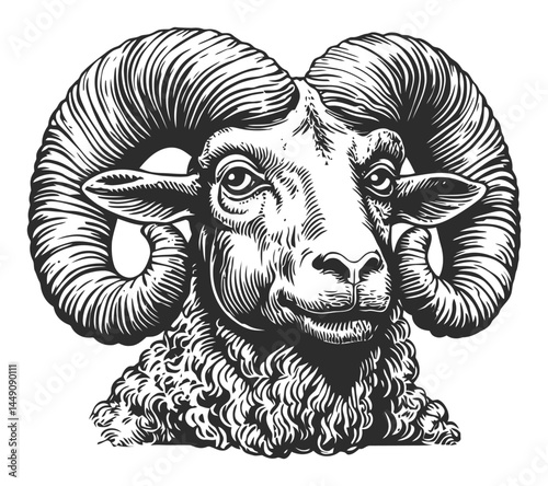 Detailed Black and White Engraving of a Ram with Dramatic Horns
