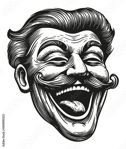 Vintage Engraved Illustration of a Joyful Man with Mustache and Smile