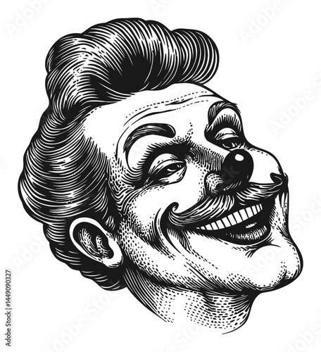 Vintage Engraving of a Cheerful Circus Clown with Mustache