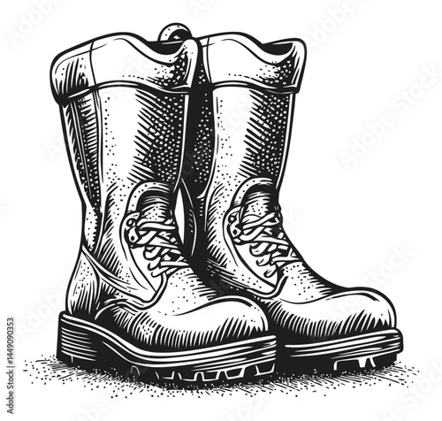 Detailed Engraving of Classic Work Boots in Black and White Style