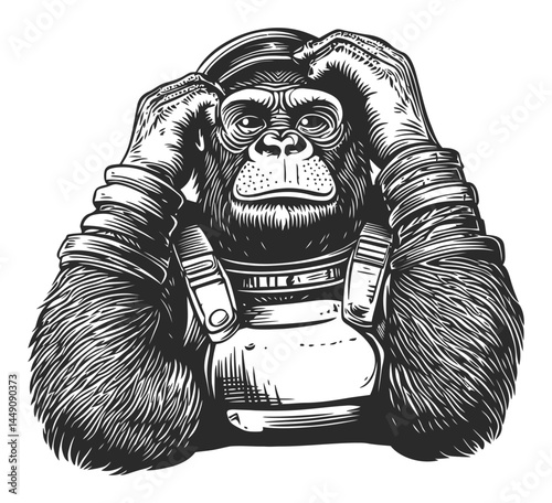 Detailed Engraving of a Thoughtful Gorilla with Glasses and Helmet