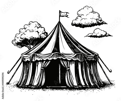 Vintage Circus Tent Engraving with Clouds and Tree Illustration