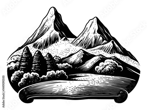 Detailed Mountain Landscape Engraving with Trees and Horizon View