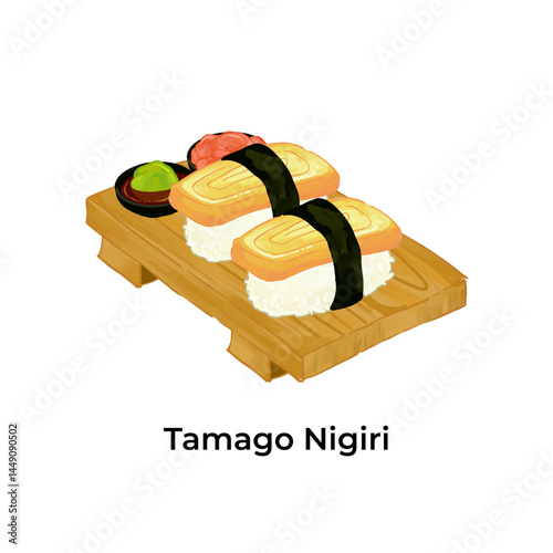 Vector illustration of traditional Japanese food featuring ramen and assorted sushi. Colorful and detailed design perfect for restaurant menus, food packaging, culinary blogs, or Asian cuisine project