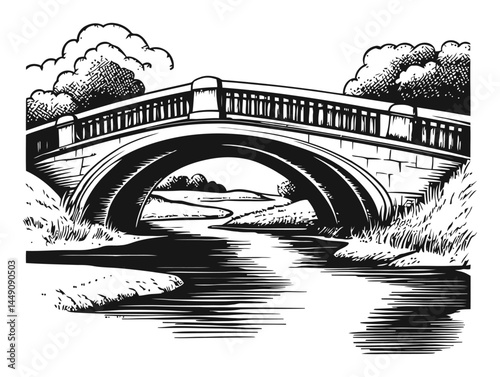 Vintage Engraving of a Scenic Bridge Over a Serene River Landscape