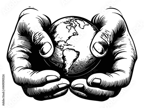 Hands Holding Earth Globe Engraving Illustrating Environmental Care