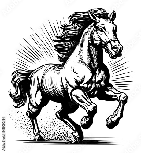 Detailed Engraving of a Horse in Motion with Dynamic Illustrative Style