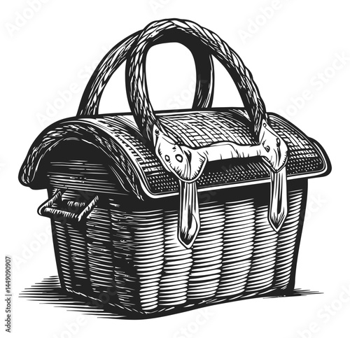 Vintage Engraved Illustration of a Classic Picnic Basket Design