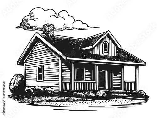 Detailed Black and White Engraving of a Classic House Illustration