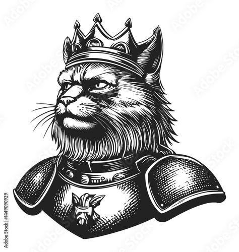 Regal Cat Illustration in Armor with Crown and Detailed Engraving