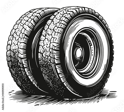 Detailed Engraving of Two Vintage Wheels with Texture and Shadows