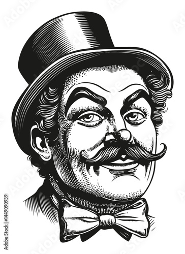 Vintage Engraving of a Smiling Man in a Top Hat and Bow Tie