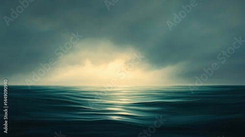 A tranquil sea  shrouded by a somber sky.