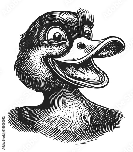 Detailed Engraving Illustration of a Playful Duck with Expression