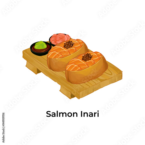 Vector illustration of traditional Japanese food featuring ramen and assorted sushi. Colorful and detailed design perfect for restaurant menus, food packaging, culinary blogs, or Asian cuisine project