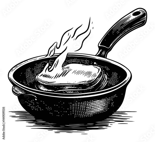 Vintage Black and White Engraving of a Frying Pan with Flame