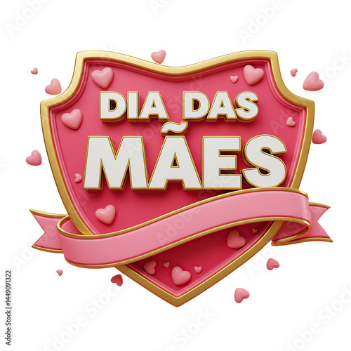 Selo Dia das Mães Escudo Rosa com Fita em 3D photo