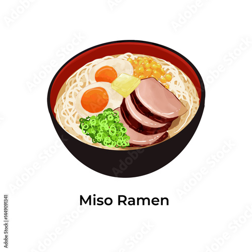 Vector illustration of traditional Japanese food featuring ramen and assorted sushi. Colorful and detailed design perfect for restaurant menus, food packaging, culinary blogs, or Asian cuisine project