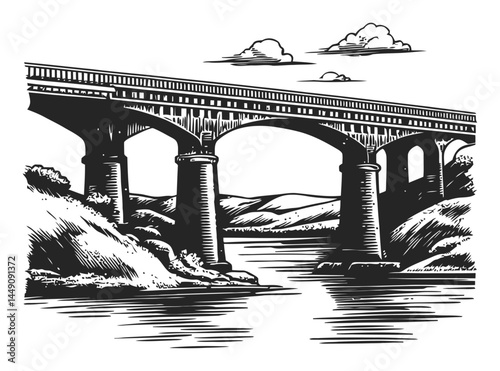 Detailed Black and White Engraving of a Bridge Over Water