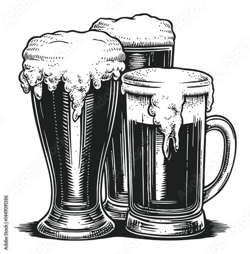 Vintage Engraving of Three Beer Glasses with Foam Tops