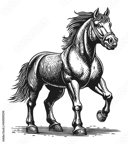 Detailed Engraving of a Prancing Horse in Classic Illustration Style