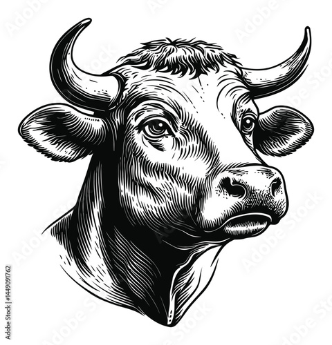 Detailed Black and White Engraving of a Cow Head Illustration