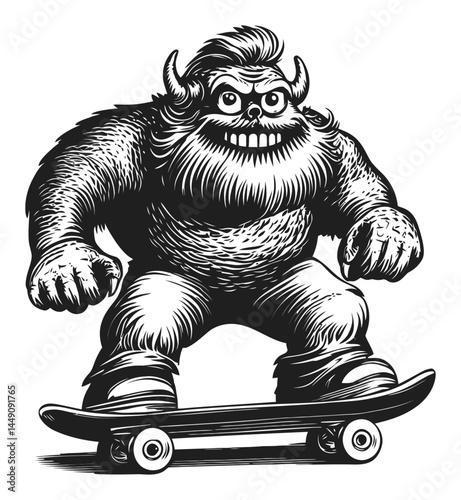 Engraved Beastly Creature Riding Skateboard in Dynamic Stance