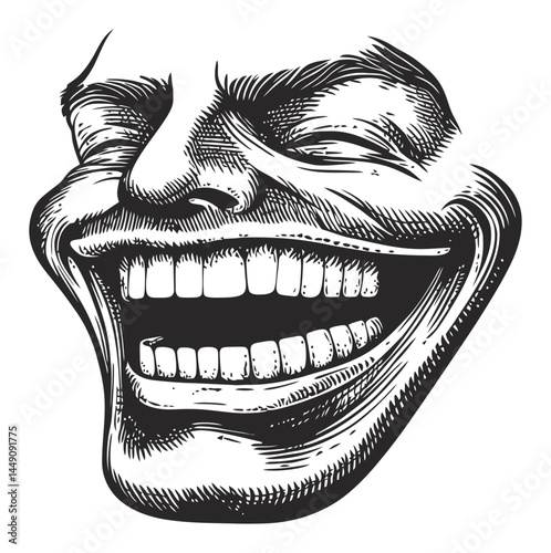 Vintage Engraving of a Joyful Human Face with Exaggerated Smile