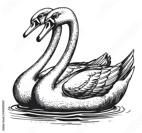 Hand-Drawn Engraving of Two Elegant Swans Swimming Together